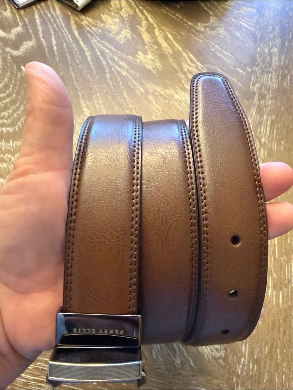 Perry Ellis Brown Black Leather Reversible Belt with Polished Gunmetal Buckle